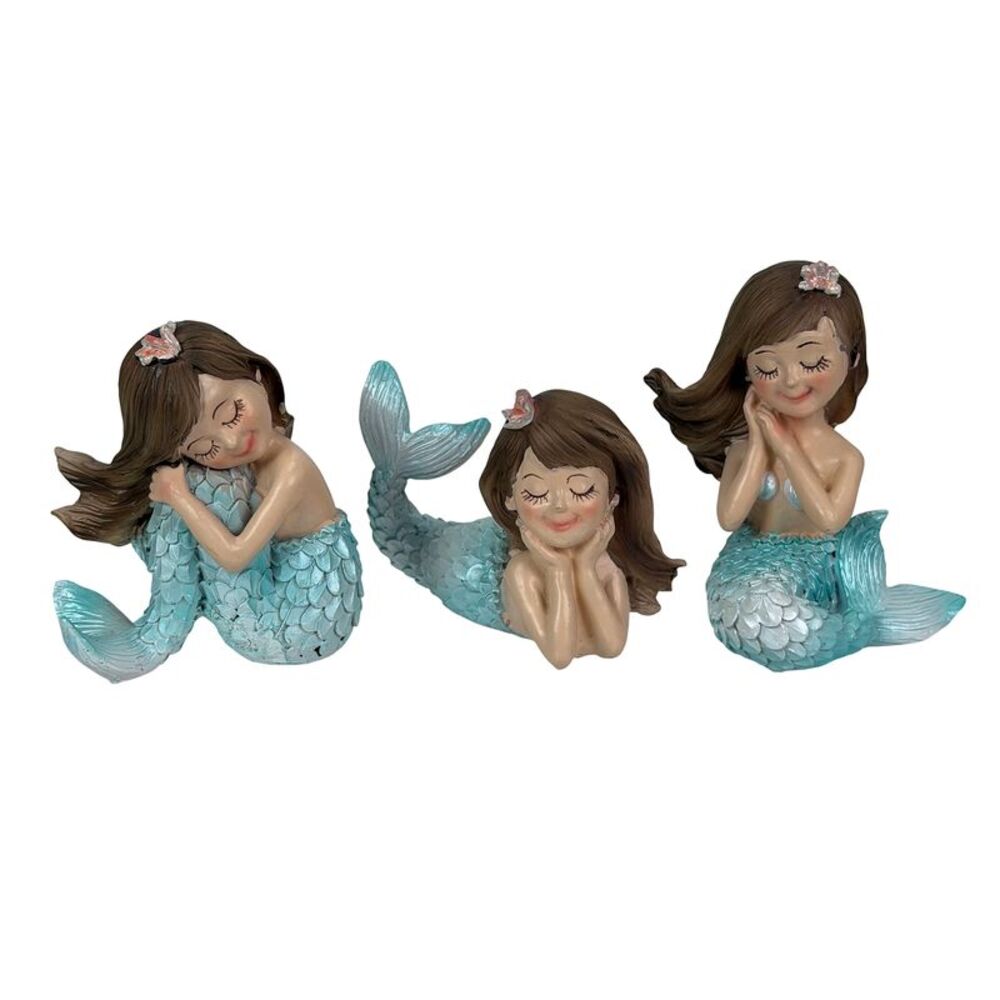 Mermaid Figurine Set of 3 Coastal Resin Blue Tabletop Shelf Decor
